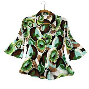 Allison Taylor Blouse Boho Hippie Green Abstract 3/4 Bell Sleeve Pleated Med Top